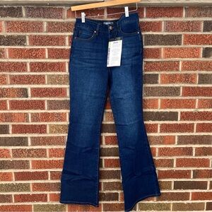 Alvon Dark Denim Washed Blue Mid Rise Flare Denim Jeans